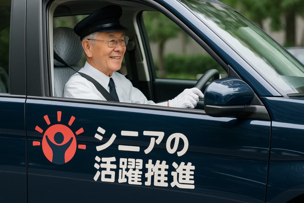 ジャパンタクシーを運転する笑顔のシニアドライバーと「シニアの活躍推進」ロゴ