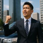 ジャパンタクシーの前で前向きな表情を見せるスーツ姿の男性