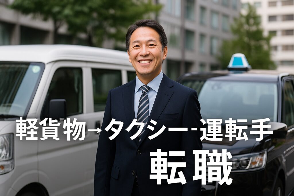 軽貨物ドライバーからタクシー運転手へ転職を決意した男性が笑顔で立つシーン。軽バンと黒のタクシーが並ぶ16:9構図のアイキャッチ画像。
