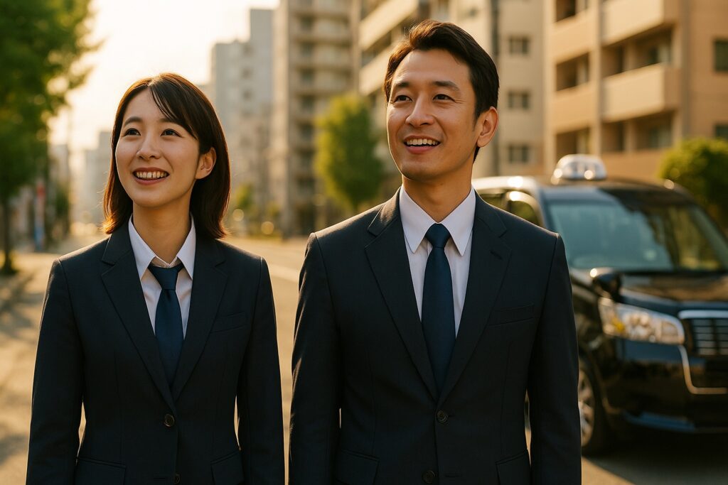 さいたま市の街並みでジャパンタクシーを背景に笑顔で前を向くタクシー乗務員の男女