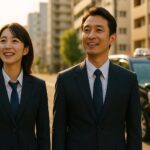 さいたま市の街並みでジャパンタクシーを背景に笑顔で前を向くタクシー乗務員の男女