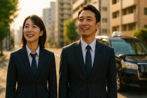 さいたま市の街並みでジャパンタクシーを背景に笑顔で前を向くタクシー乗務員の男女