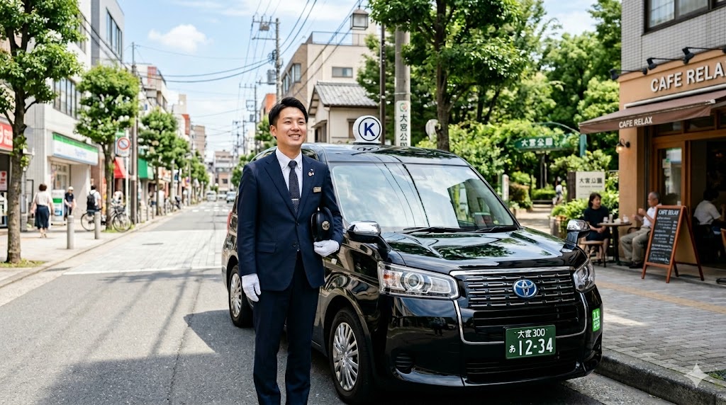 清潔感のあるタクシー車両の横で笑顔を見せるプロの運転手。自由な働き方をイメージした明るい都市景観